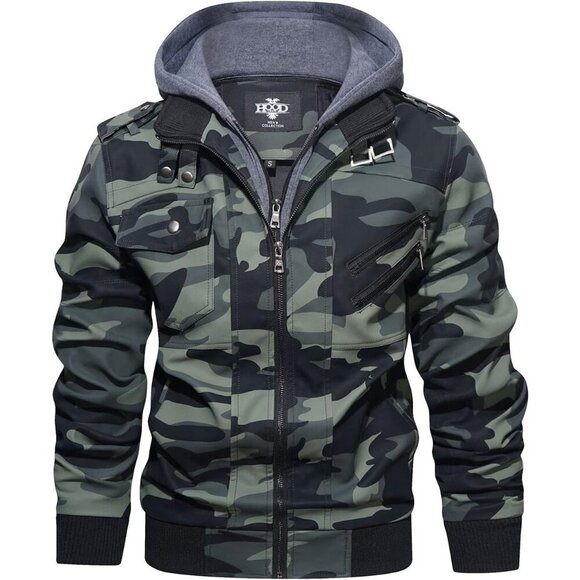 🆕 Hood Crew PU Faux Leather Zipper Jacket Men Green Stand Collar Bomber Hood - Picture 1 of 6
